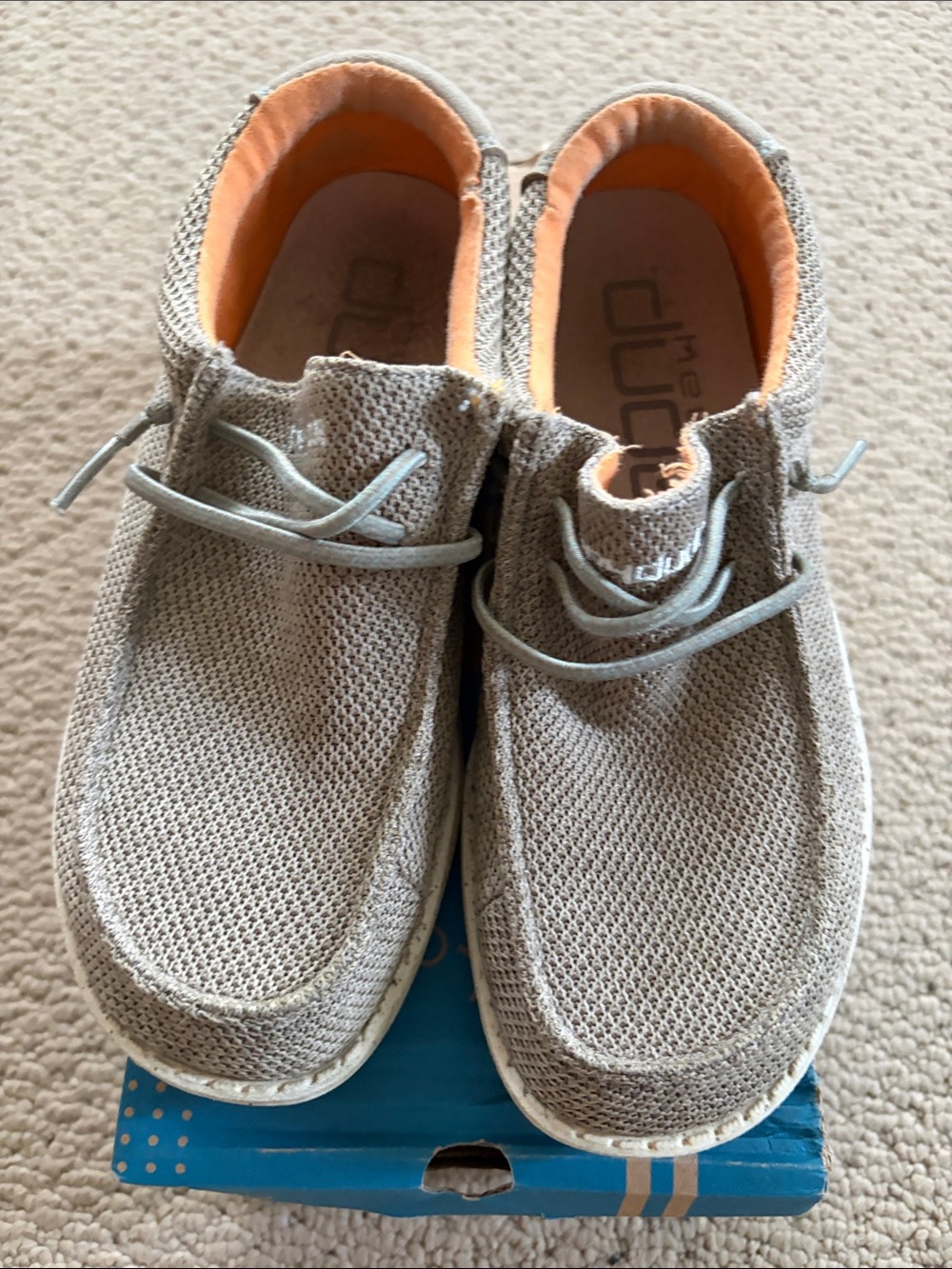 Hey Dude youth size 4, Slip-On Loafers in medium khaki with Orange Lining